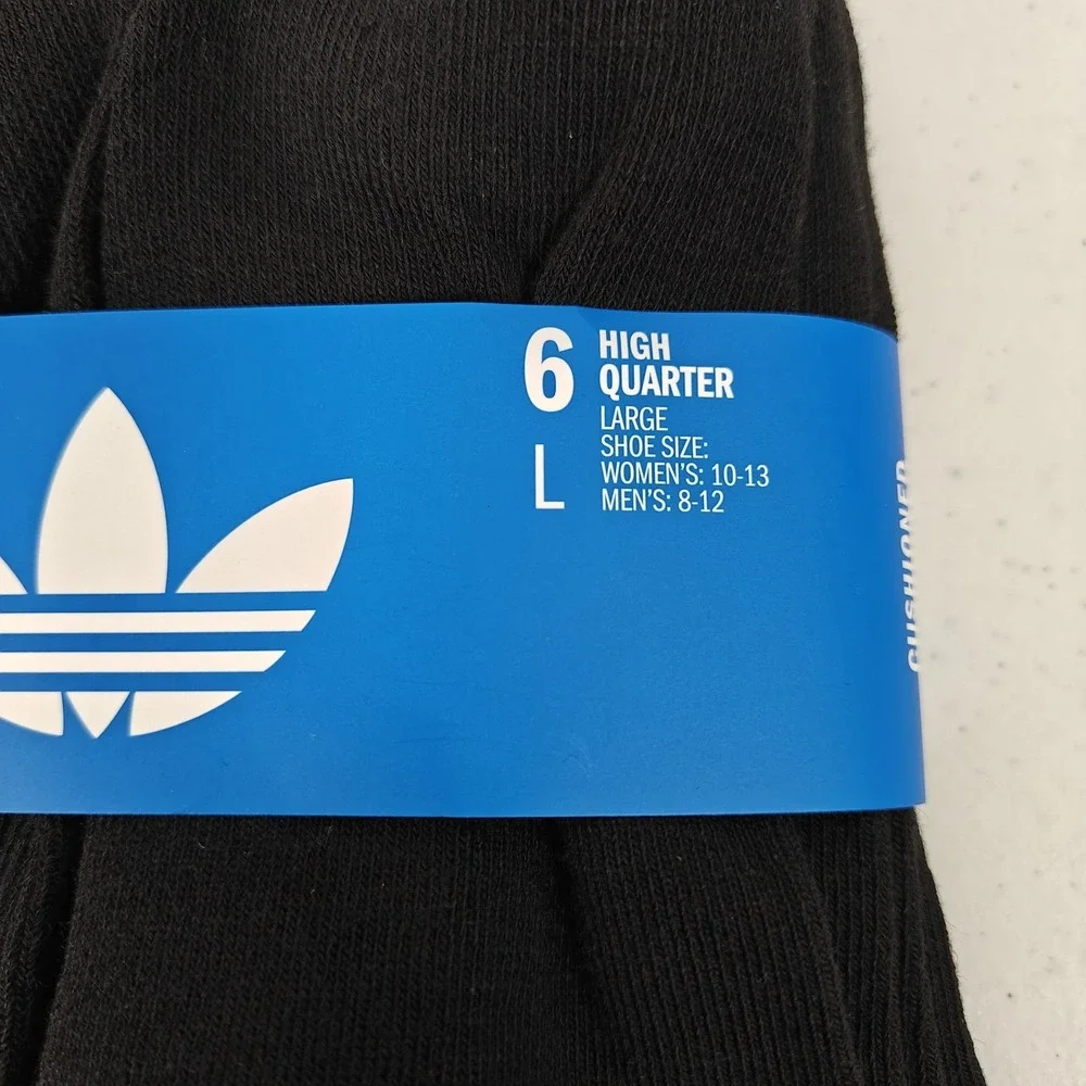 Adidas Originals Trefoil Cushioned High Quarter Socks 6 Pair Black Men's L 6-12